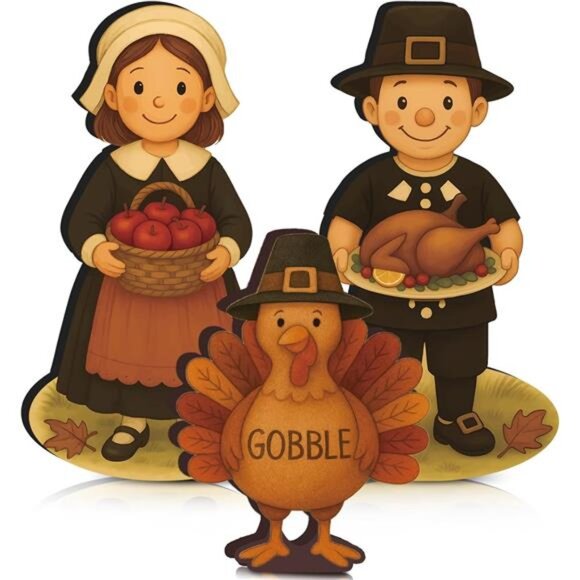 New 3 Pack Thanksgiving Decor Fall Wooden Pilgrim Couple Turkey Tabletop - Picture 1 of 7